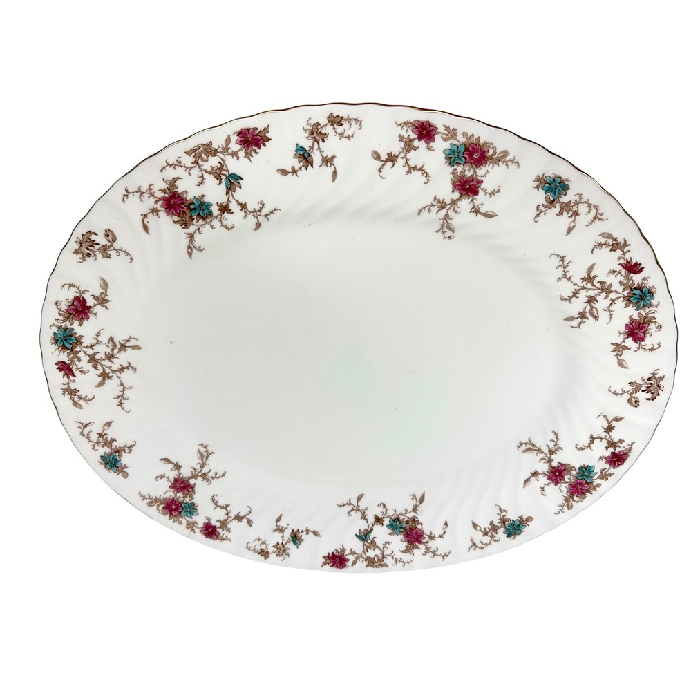 Minton Ancestral S-376 Oval Serving Platter Floral Bone China Gold Rim 15 Inch